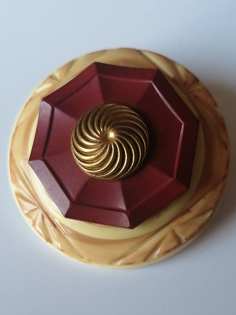 Vintage Repurposed Buttons Layered Decorative Brooch Burgundy Cream Goldtone